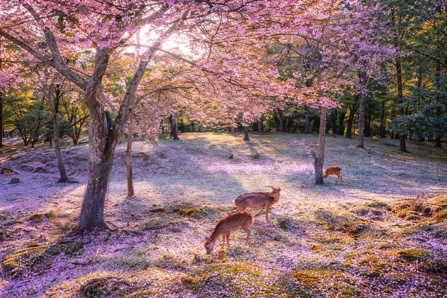 AI-generated image of deer grazing beneath cherry blossom trees in soft morning light.